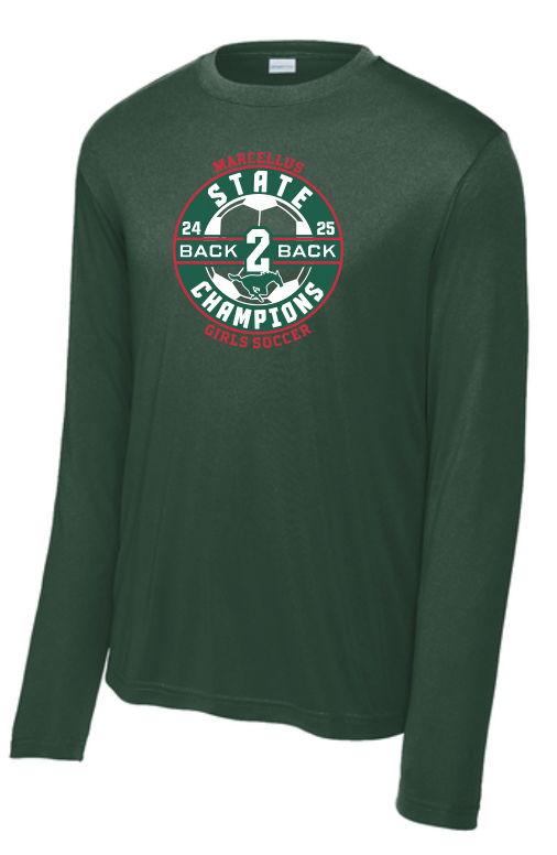 Marcellus Soccer State Champion Sport Tek Competitor Unisex Long Sleeve Back to Back Logo