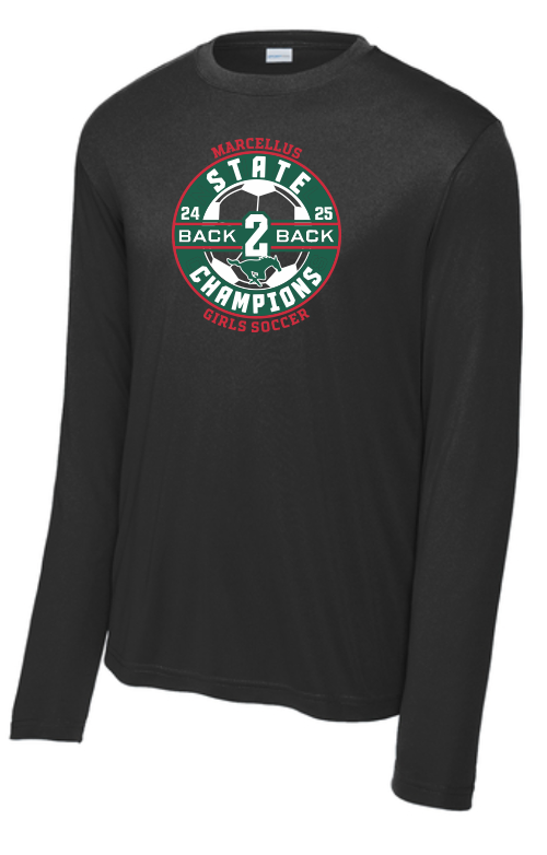 Marcellus Soccer State Champion Sport Tek Competitor Unisex Long Sleeve Back to Back Logo