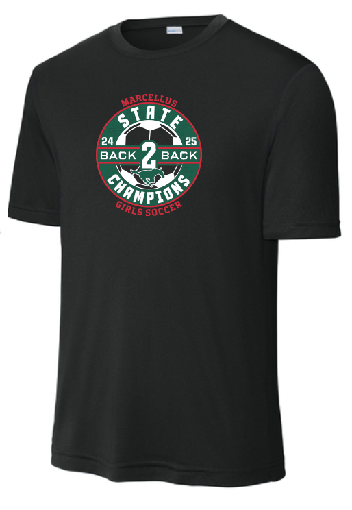 Marcellus Soccer State Champion Sport Tek Competitor Unisex T Back to Back Logo