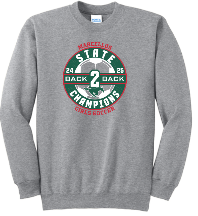 Marcellus Soccer State Champion Port & Company® Core Fleece Unisex Crewneck Sweatshirt Back to Back Logo