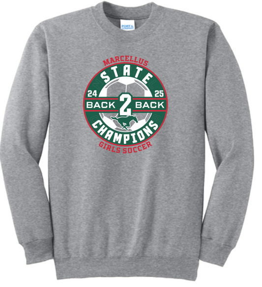 Marcellus Soccer State Champion Port & Company® Core Fleece Unisex Crewneck Sweatshirt Back to Back Logo