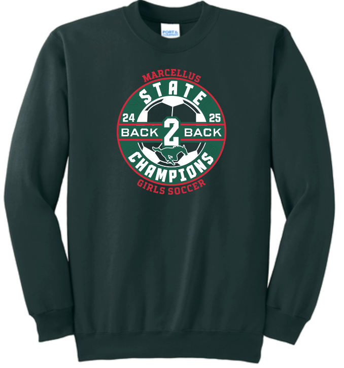 Marcellus Soccer State Champion Port & Company® Core Fleece Unisex Crewneck Sweatshirt Back to Back Logo