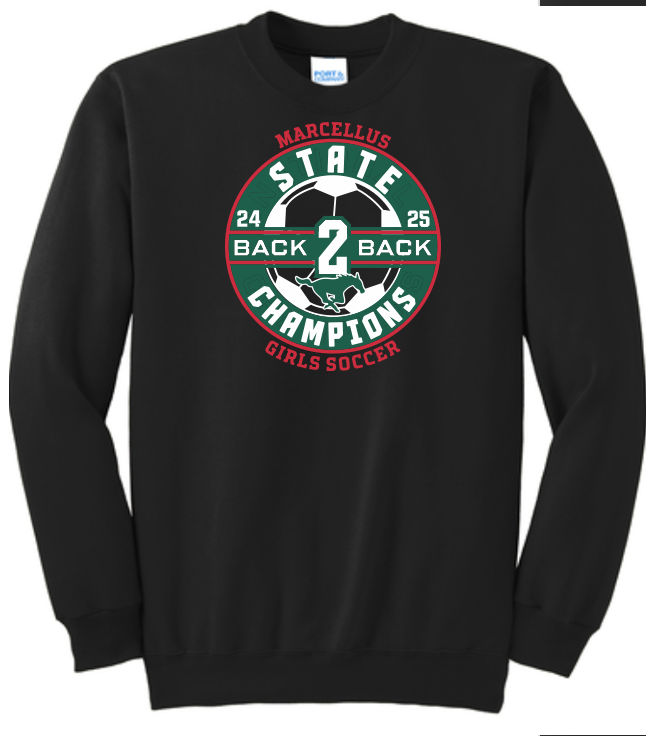 Marcellus Soccer State Champion Port & Company® Core Fleece Unisex Crewneck Sweatshirt Back to Back Logo